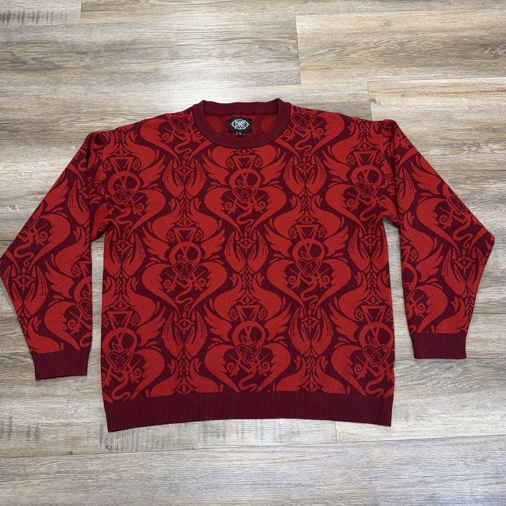 Official Hazbin Hotel Wallpaper Crewneck Mens/Unisex Large Red Damask Pattern